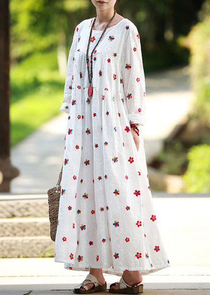 White Cinched Embroidery High-waisted Long Dresses Long Sleeve