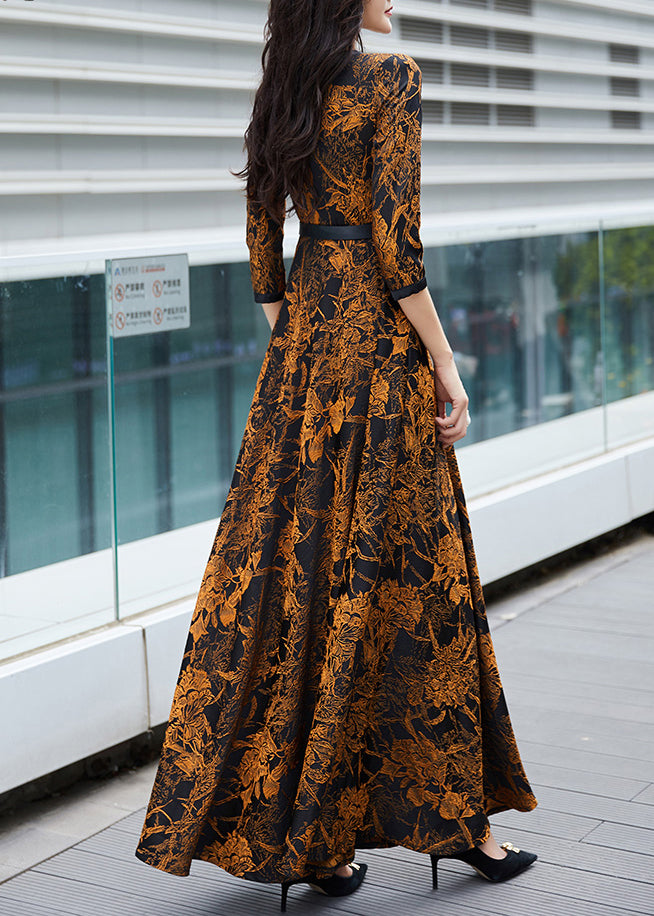 Orange Print Sashes Long Traveling Dress Spring