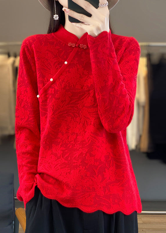 Beige Stand Collar Jacquard Woolen Sweater Spring