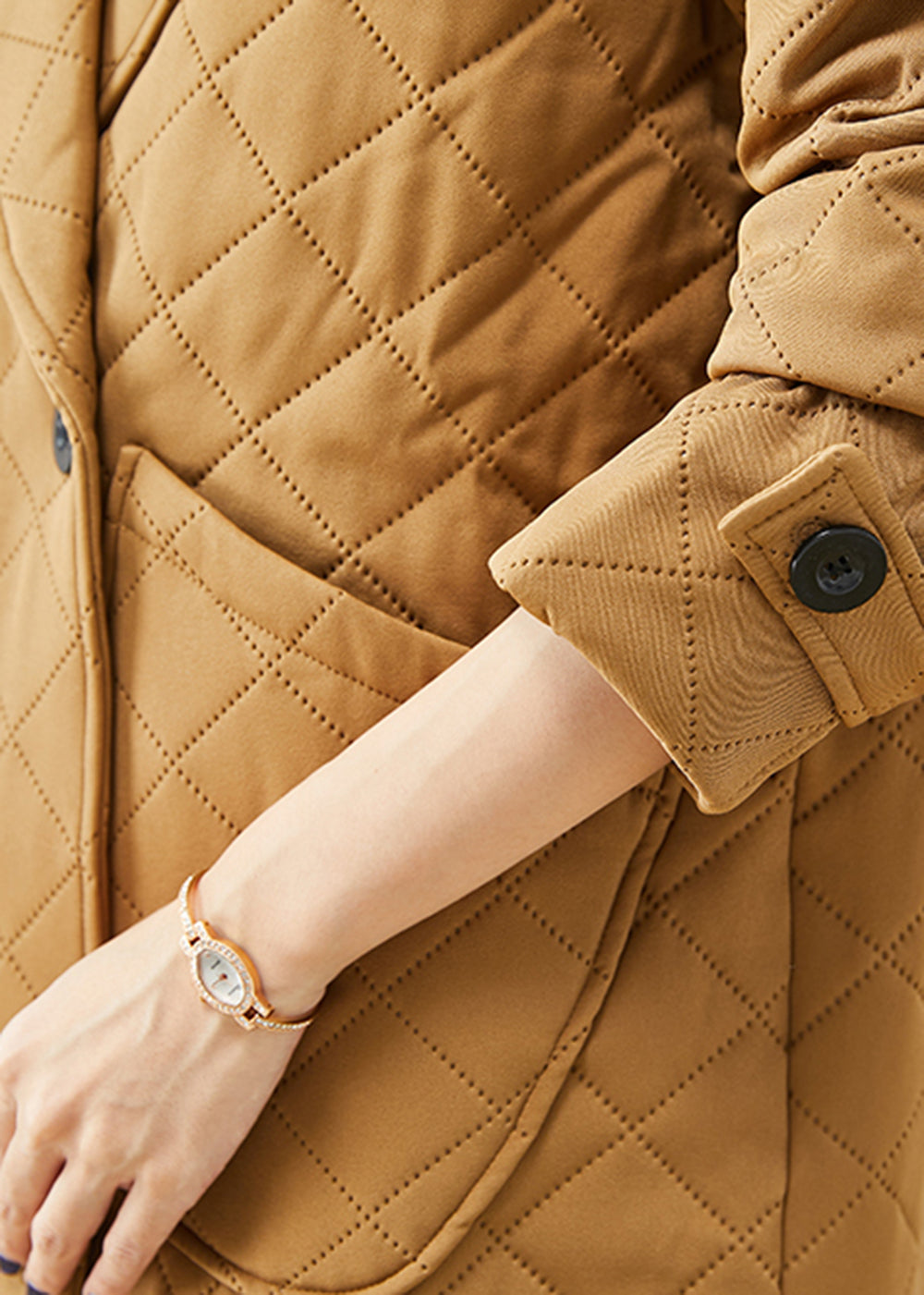 Khaki Notched Plaid Pockets Cotton Coats Fall