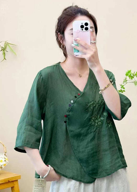 Green V Neck Embroideried Patchwork Linen Tops Summer
