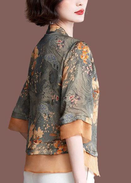 Green Stand Collar Tulle Patchwork Print Silk Shirt Tops Half Sleeve