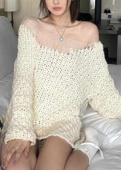 White Cold Shoulder Hollow Out Knit Sweater Tops Spring