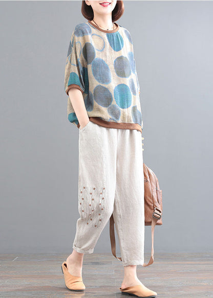 Blue O-neck Dot Print Linen Tops and Pants Two Pieces Set Summer