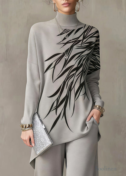 Khaki Print Knit Two Piece Suit Set Asymmetrical Stand Collar Spring