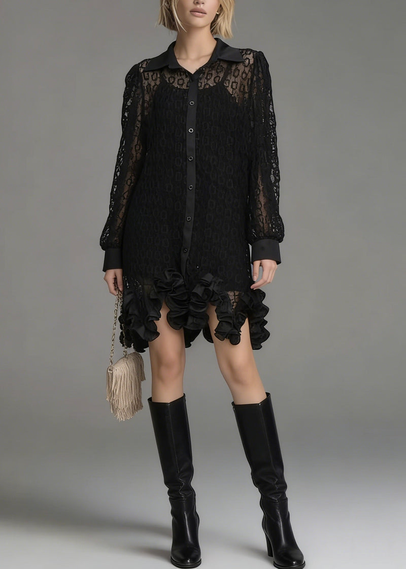 Black Peter Pan Collar Hollow Out Lace Shirt Tops Spring