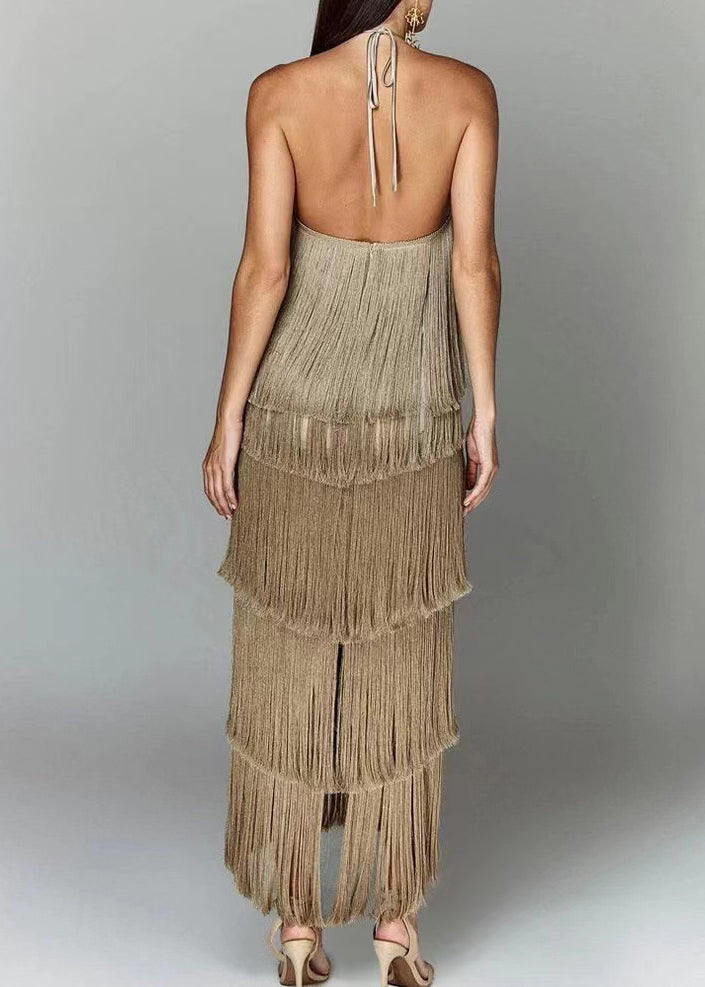Stylish Brown Tasseled Backless Silk Halter Dress Summer