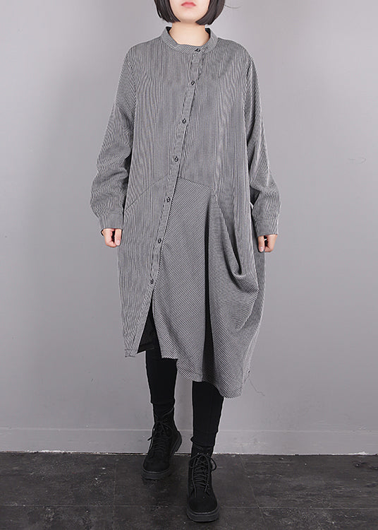 Grey O-neck Asymmetrical Striped Button Maxi Dress Fall