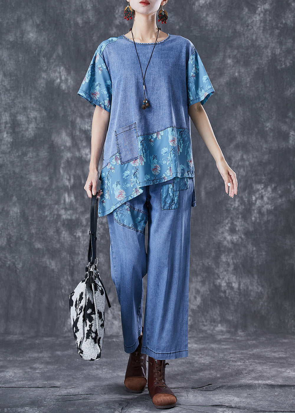 Blue Oversized Asymmetrical Patchwork Denim Two Pieces Set Summer