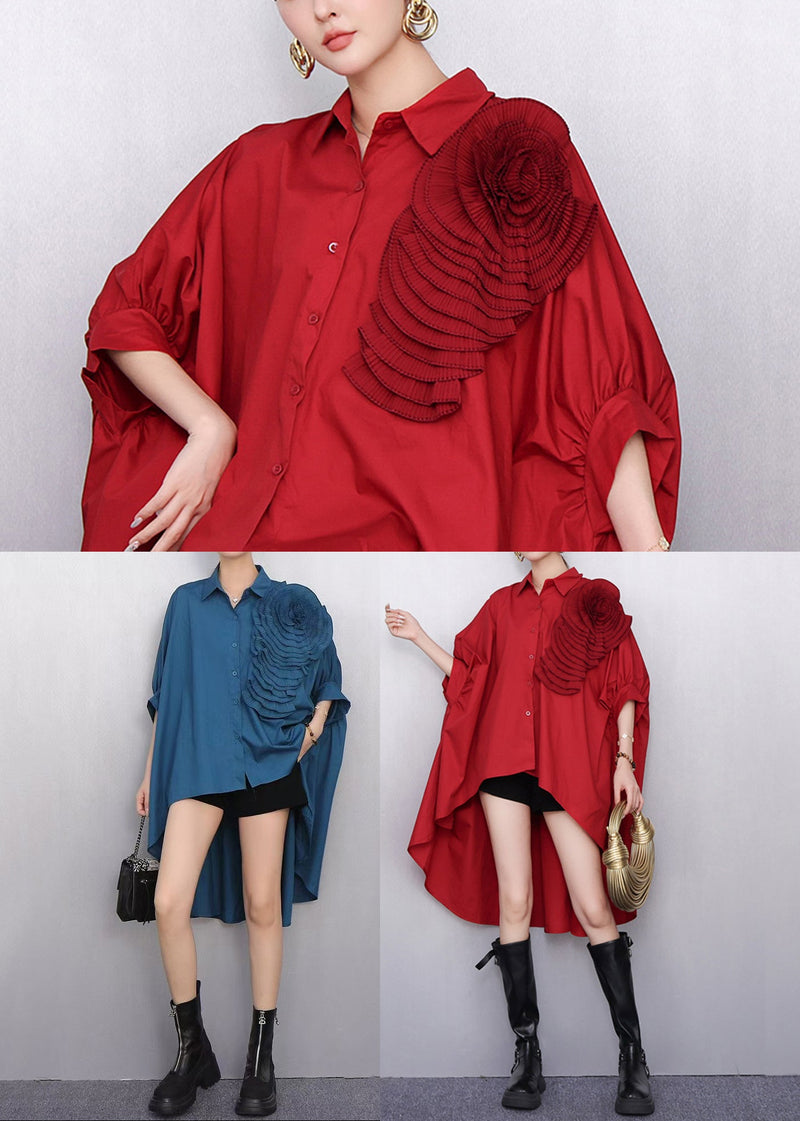 Navy Oversized Stereoscopic Flower Low High Design Long Shirts