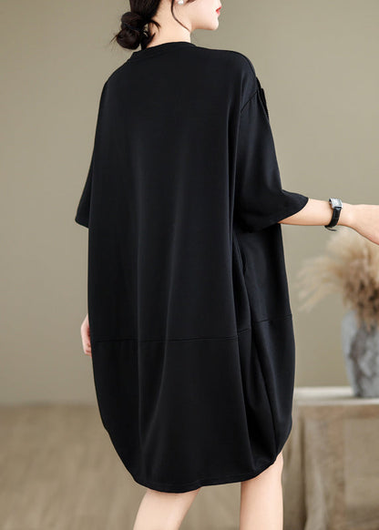 French Black O-neck Wrinkled Cotton Long Dresses Summer