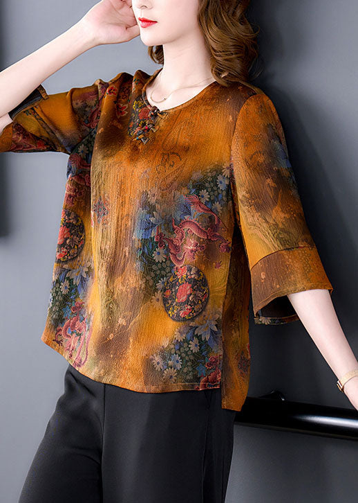 Chinese Style Yellow O-neck Oriental Button Print Silk Blouse Top Half Sleeve