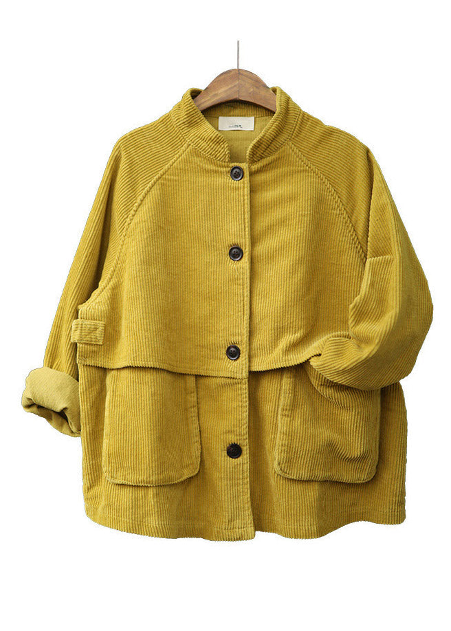 Yellow Stand Collar Patchwork Button Corduroy Coats Spring
