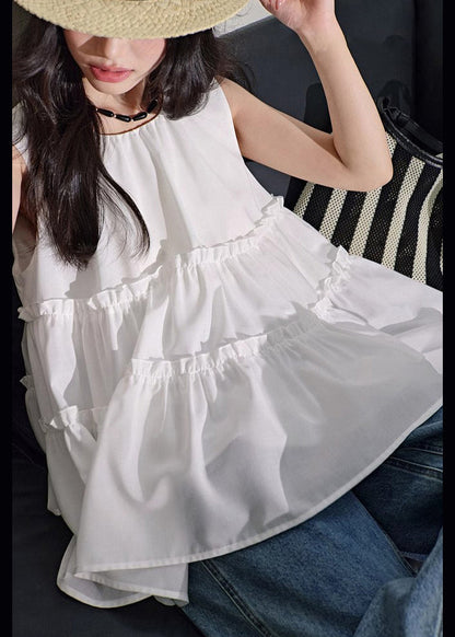 White O-neck Ruffled Cotton Tanks Sleeveless