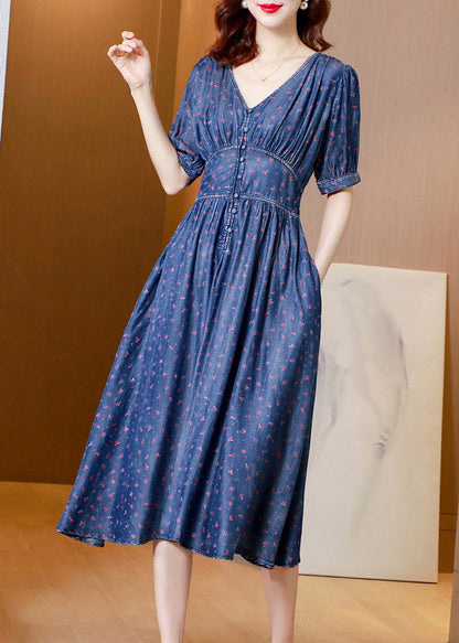 V Neck Print Tunic Silk Denim Long Dress Short Sleeve Summer