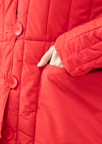 Red Hooded Pockets Fine Cotton Filled Puffer Jacket Winter