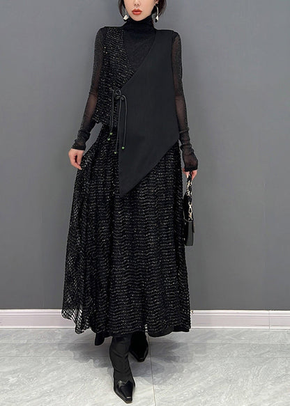 Autumn New Black Sleeveless Vest and Skirts Two Piece Set