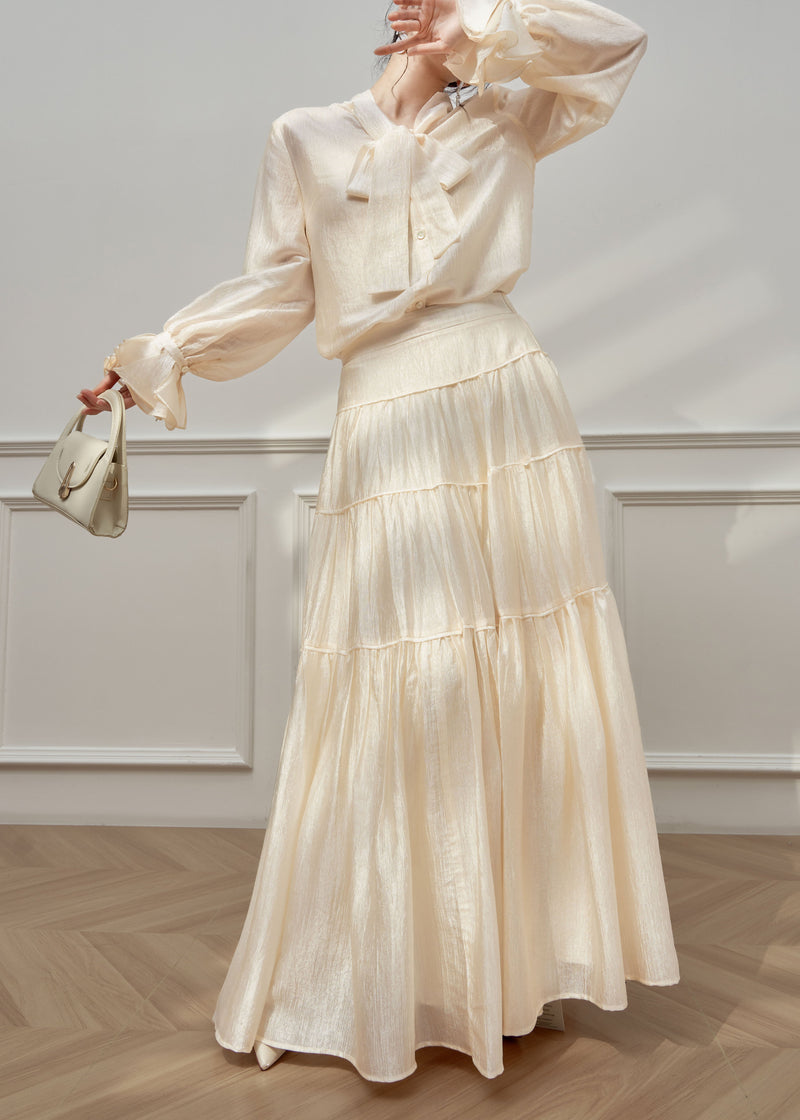 Apricot Petal Sleeve Shirts and Skirts Silk Two Pieces Set Spring