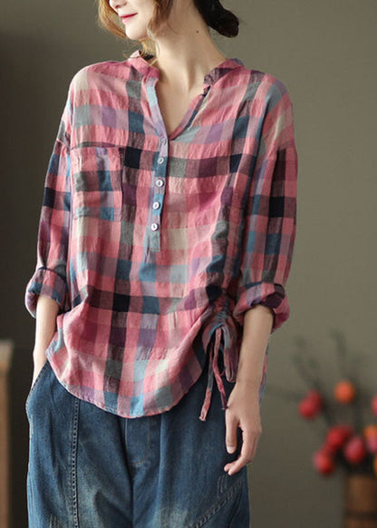 French Pink Retro Plaid Button Fall Shirts Long Sleeve
