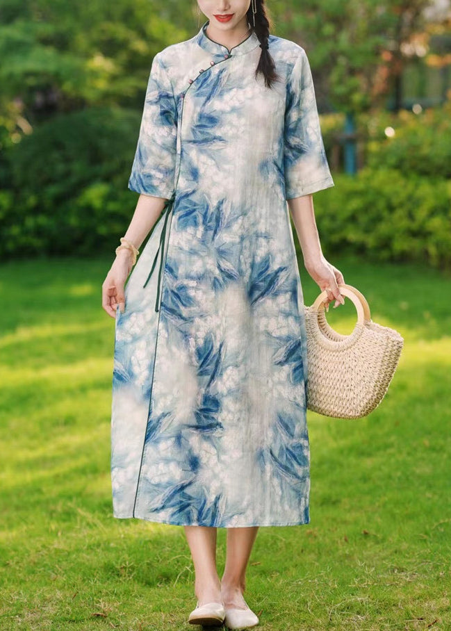 Blue Button Print Lace Up Linen Long Dresses Summer