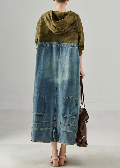 Original Design Hooded Patchwork Denim Maxi Dress Spring