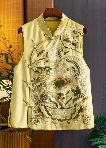 Yellow Stand Collar Embroideried Side Open Silk Waistcoat Fall