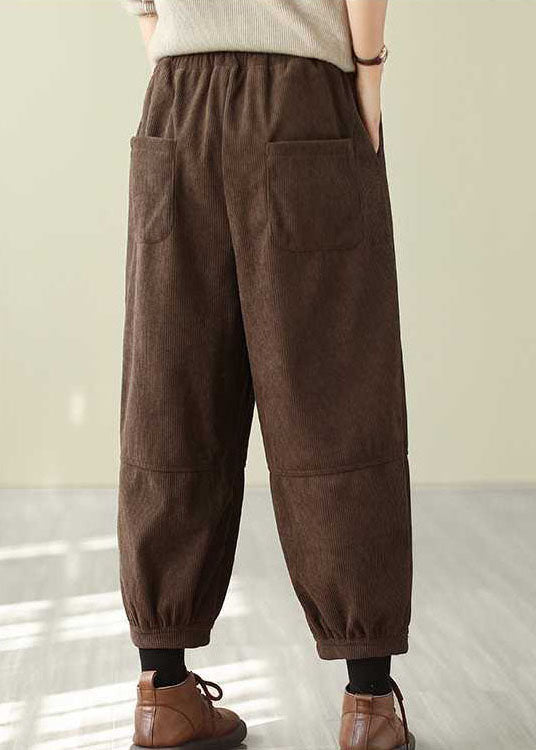 Red Pockets Elastic Waist Corduroy Warm Fleece Pants Spring