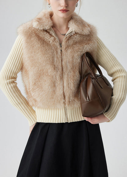 Beige Zip Up Patchwork Faux Fox Fur Knit Coat Winter