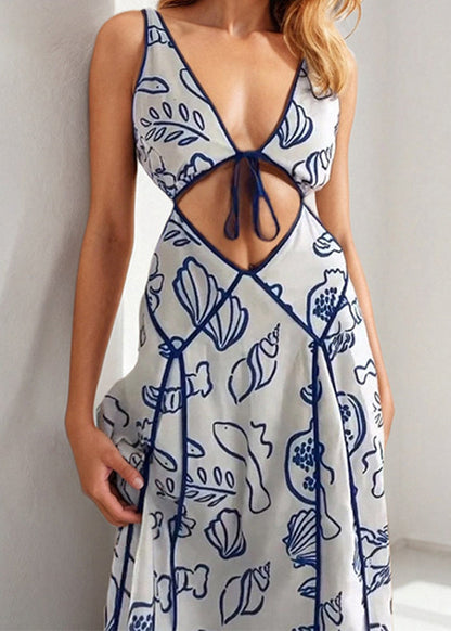Red V Neck Print Hollow Out Cotton Dresses Sleeveless