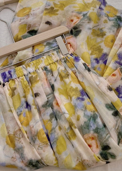 French Yellow Wrinkled Print Elastic Waist Cotton Skirt Summer