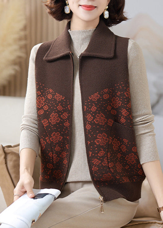 Coffee Peter Pan Collar Pockets Knit Waistcoat Sleeveless