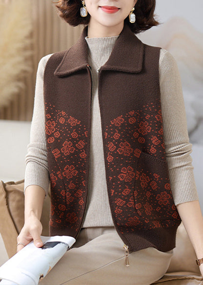 Coffee Peter Pan Collar Pockets Knit Waistcoat Sleeveless