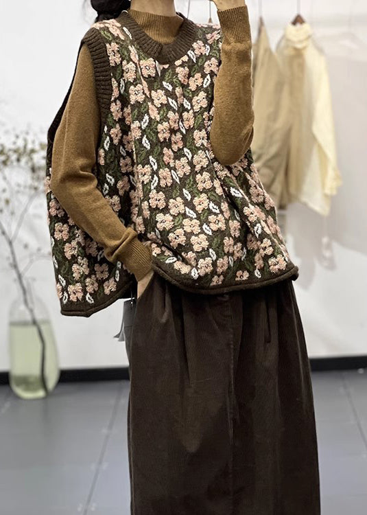 Coffee O-neck Jacquard Loose Knit Vest Spring