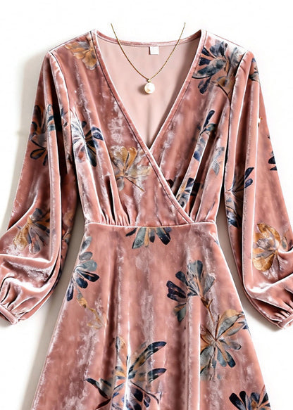 Pink V Neck Print Silk Velvet Dresses Spring