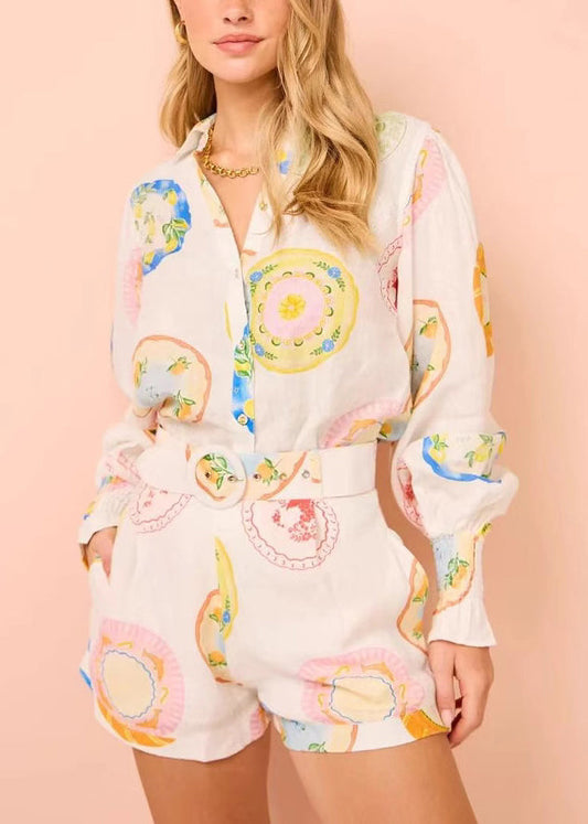 White Print Button Shirts and Shorts Two Pieces Set Spring