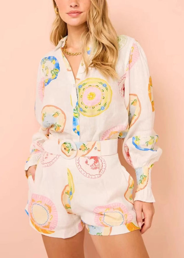 White Print Button Shirts and Shorts Two Pieces Set Spring
