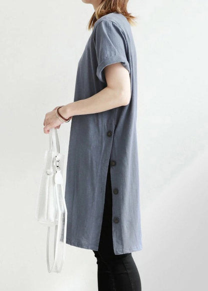 Light Blue O-neck Button Cotton Long T Shirt Short Sleeve