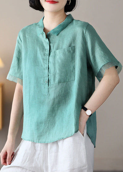 Green Organza Patchwork Linen Shirt Top Pocket Button Short Sleeve