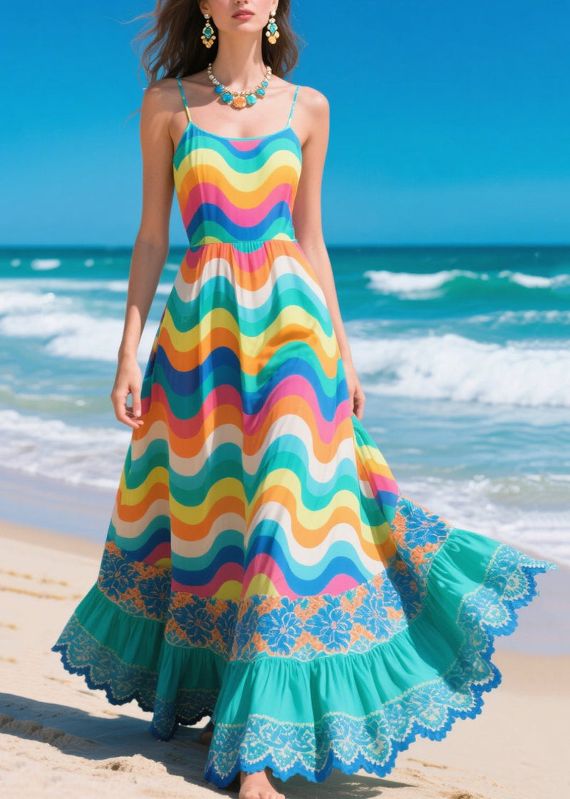 Multicolour Striped Patchwork Exra Large Hem Chiffon Beach Dresses Summer