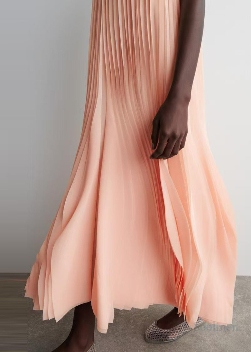 Apricot Wrinkled Chiffon Long Dress Sleeveless