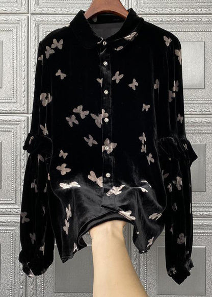 Black Peter Pan Collar Print Button Velour Tops Fall