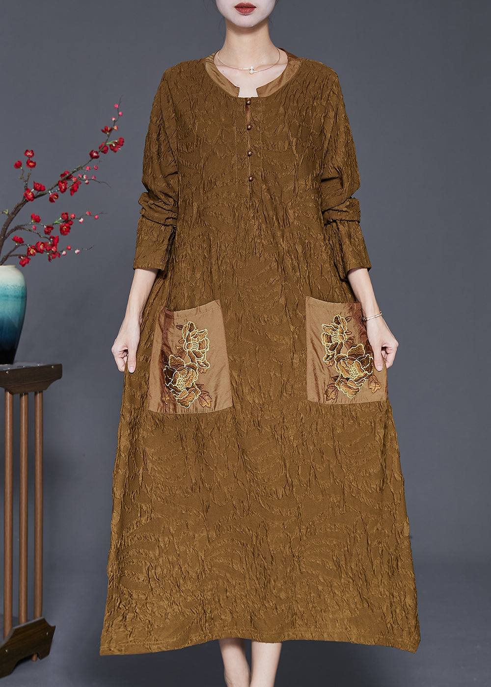 Fine Yellow Embroideried Wrinkled Silk Long Dress Fall