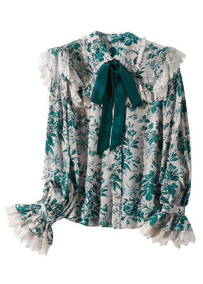 Green Peter Pan Collar Print Button Silk Shirt Long Sleeve
