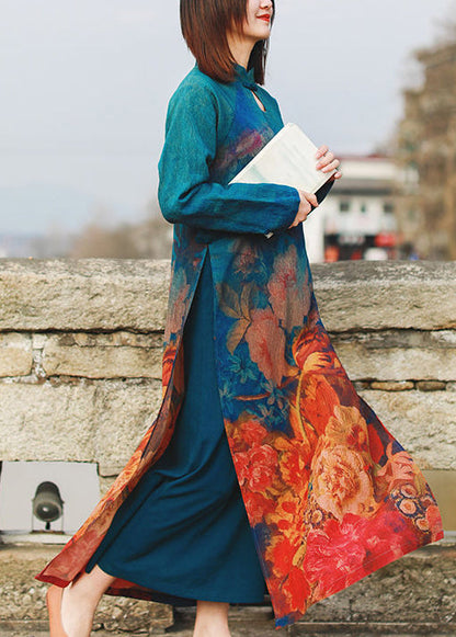 Chinese Style Mandarin Collar Side Open Print Dresses Long Sleeve
