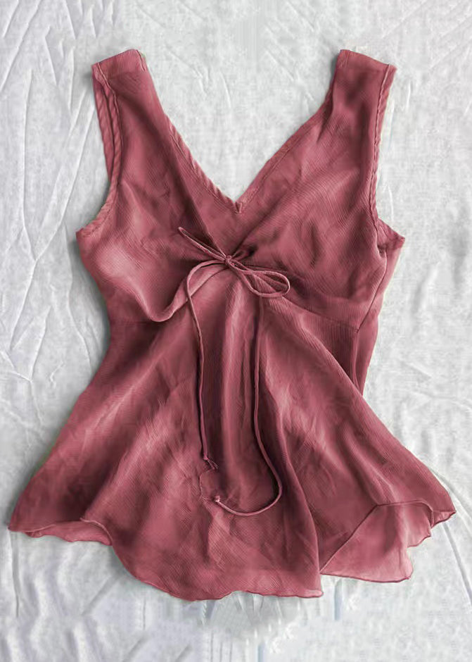 Simple Purple V Neck Lace Up Cotton Tank Sleeveless