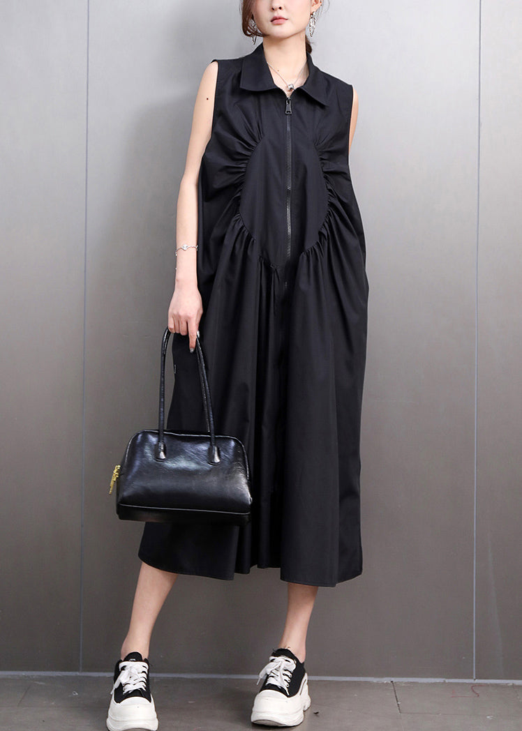 Black Zip Up Wrinkled Cotton Maxi Dresses Sleeveless