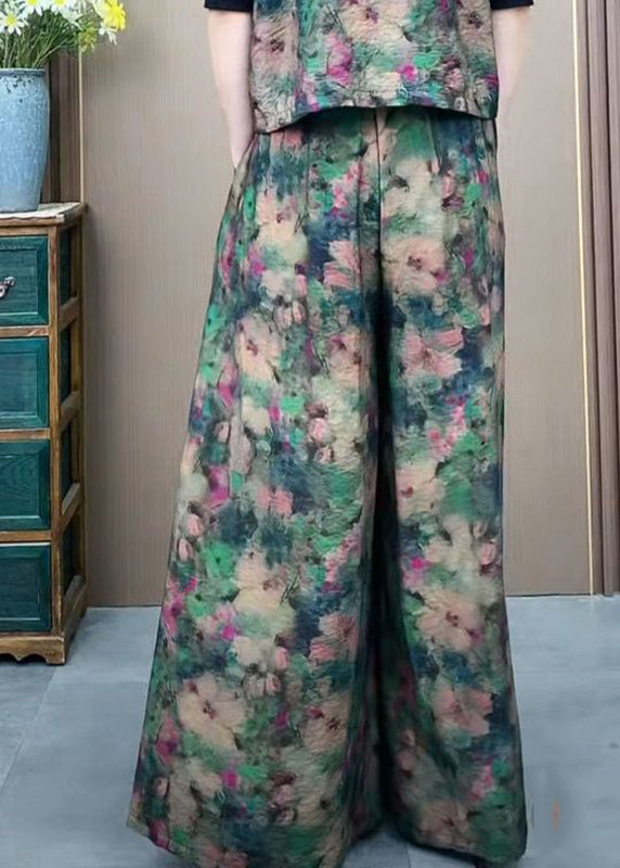 Green Elastic Waist Print Ice Silk Wide Leg Pants