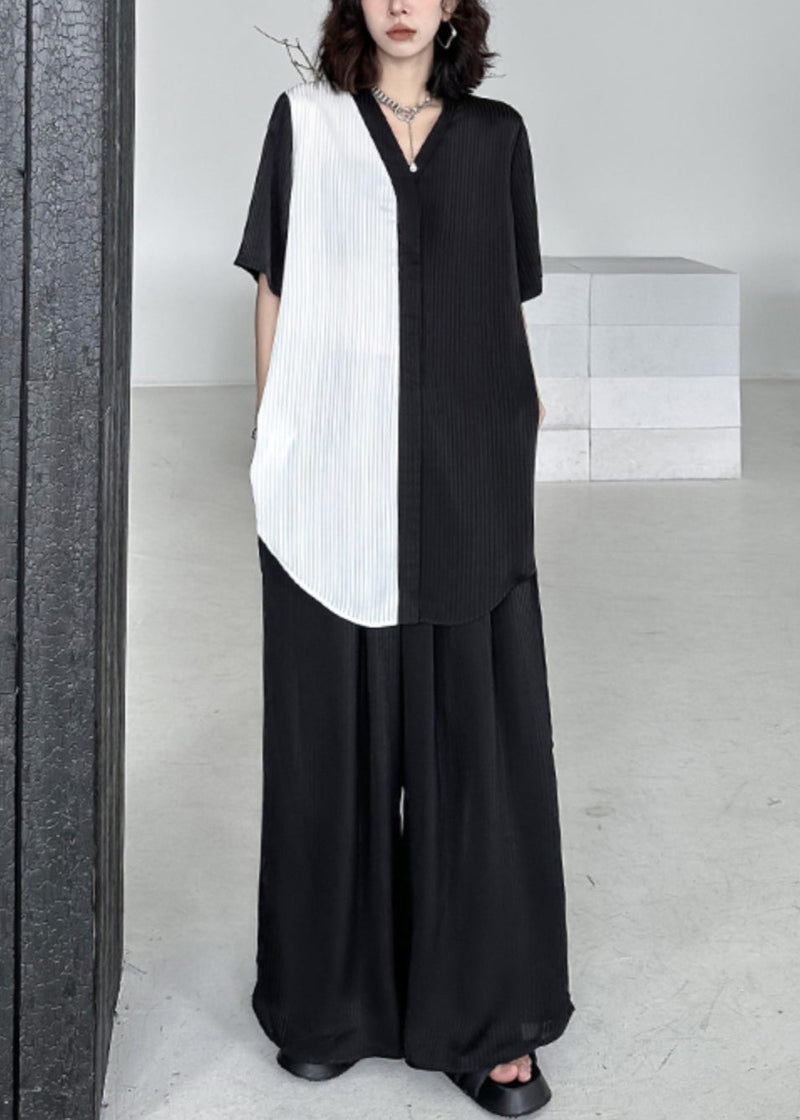 Black V Neck Asymmetrical Patchwork Cotton Two-piece Set Summer