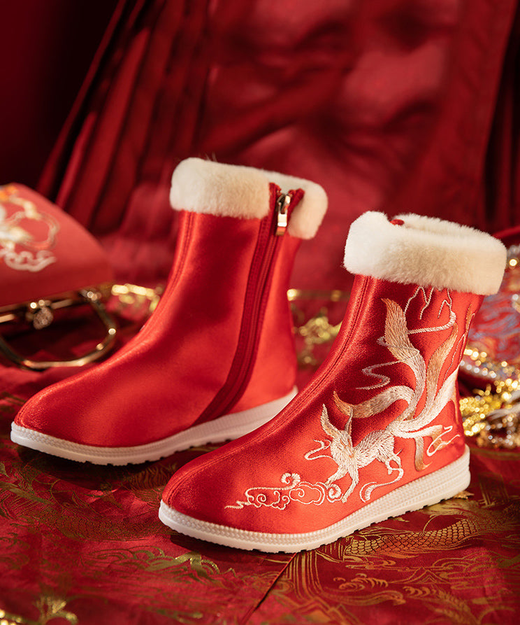 Red Satin Embroidery Splicing Boots Fuzzy Wool Lined