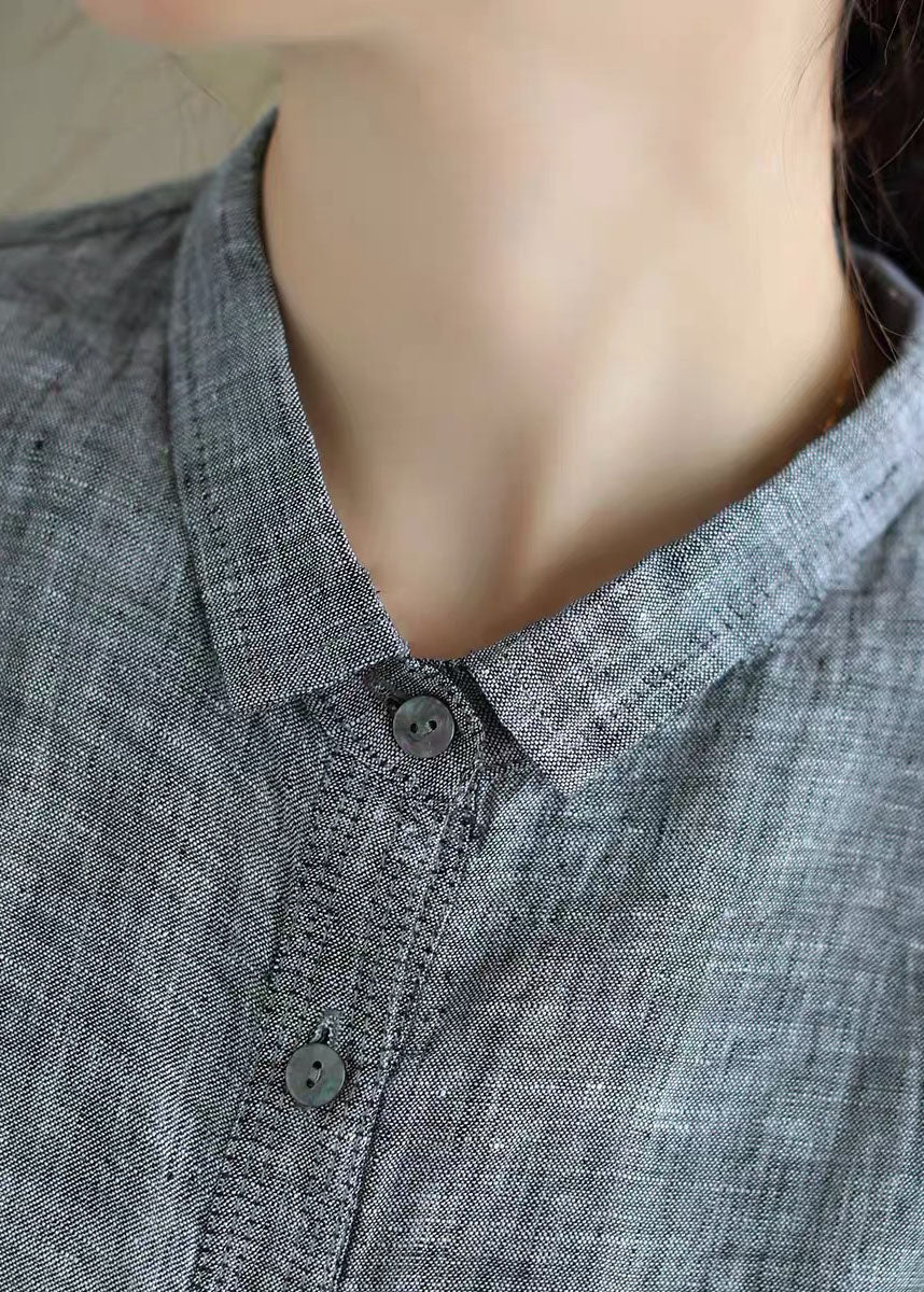 Handmade Grey Peterpan Collar Button Fall Blouses Long Sleeve